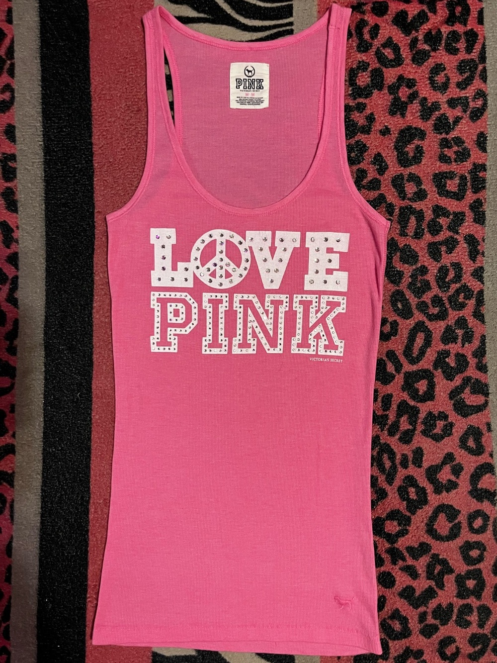 Vintage PINK Victoria's Secret peace sign rhinestone tank top
